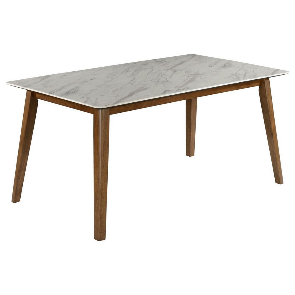 63 Inch Dining Table, Faux Marble Finish, Asian Hardwood, Light Brown  - BM309233