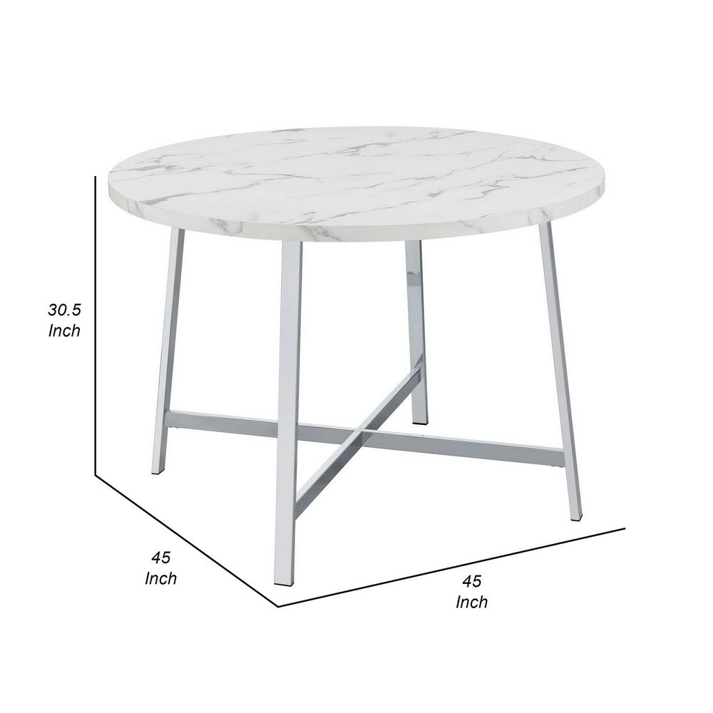 45 Inch Dining Table, Faux Carrara Round Marble Top, Chrome Metal Legs - BM309242
