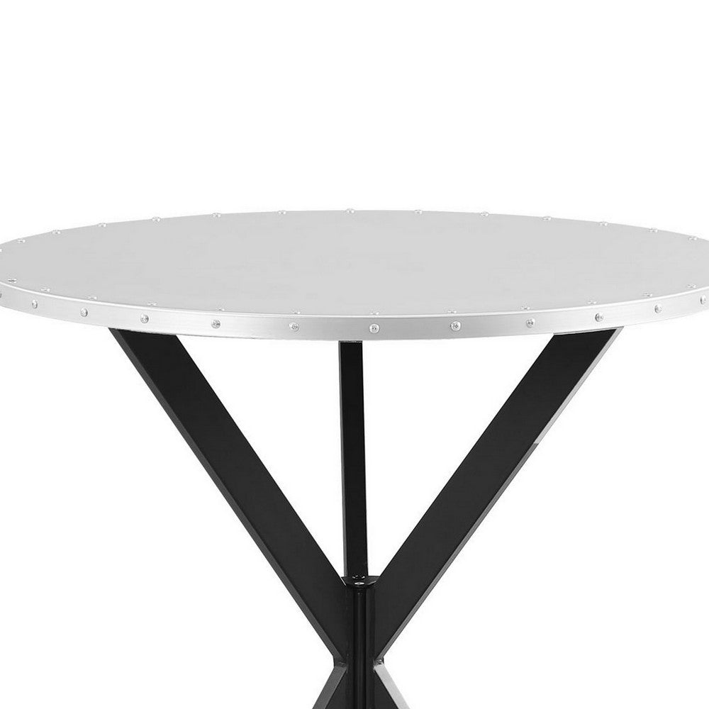 36 Inch Bar Table, Metal Top, Hammered Nails, Intersected Base, Silver  - BM309250