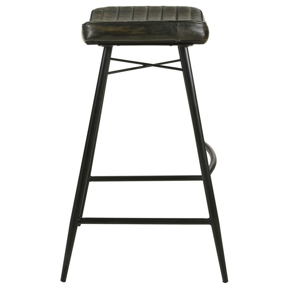 Vini 30 Inch Bar Stool Set of 2, Curved Leather Seat, Channel Tufted, Black - BM309255