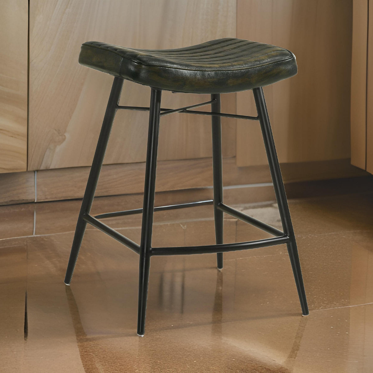 Vini 25 Inch Counter Stool Set of 2, Curved Leather Seat, Tufted Black - BM309256