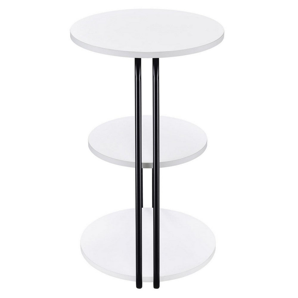 26 Inch Side End Table, 3 Tier Design, Black Metal Frame, White Finish - BM309263