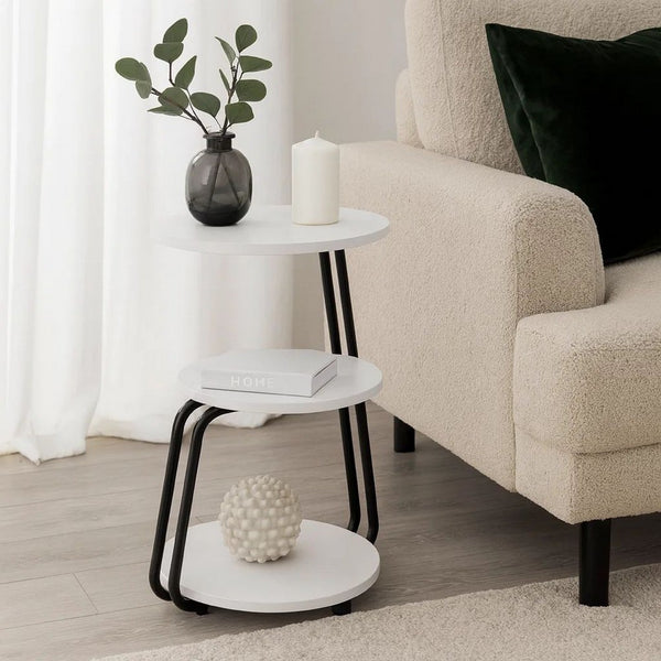 26 Inch Side End Table, 3 Tier Design, Black Metal Frame, White Finish - BM309263