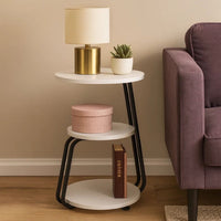 26 Inch Side End Table, 3 Tier Design, Black Metal Frame, White Finish - BM309263
