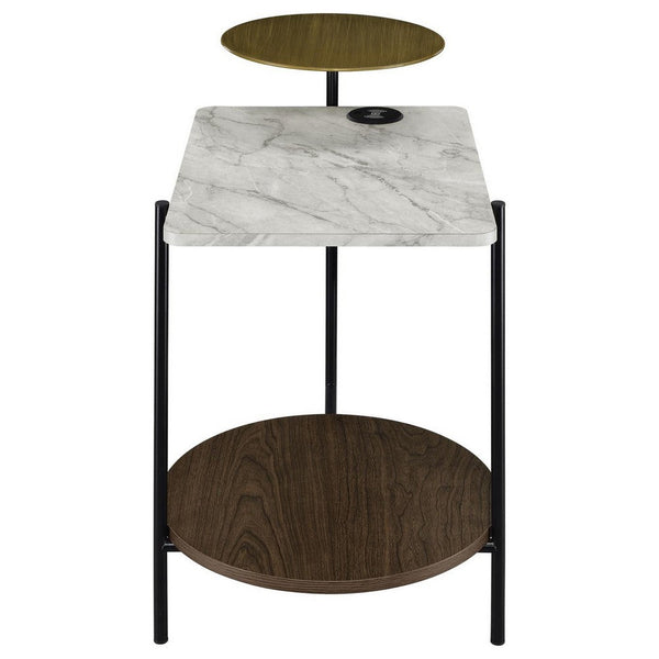 26 Inch Side End Table, 3 Tier Design, USB Port, White, Black, and Brown - BM309264