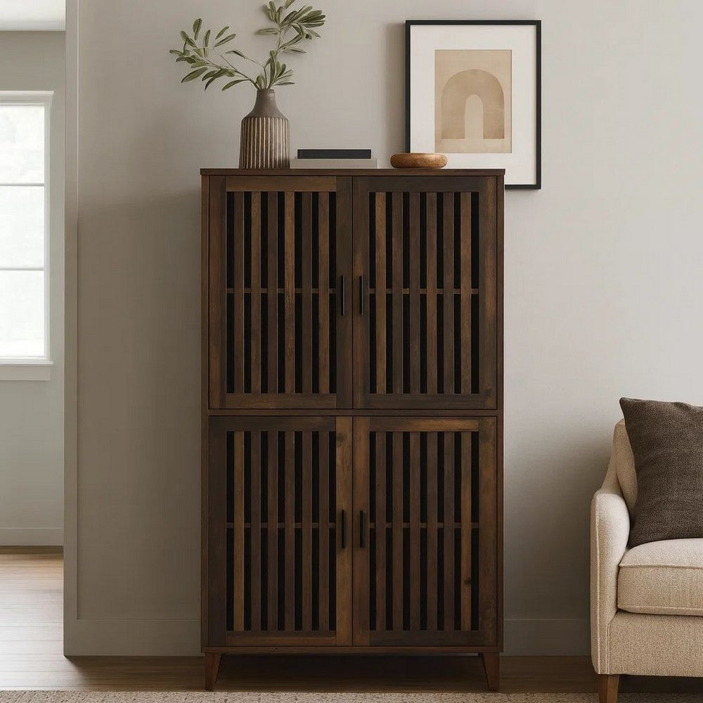 69 Inch Tall Accent Cabinet, Vertical Slatted Design, Brown and Black  - BM309267