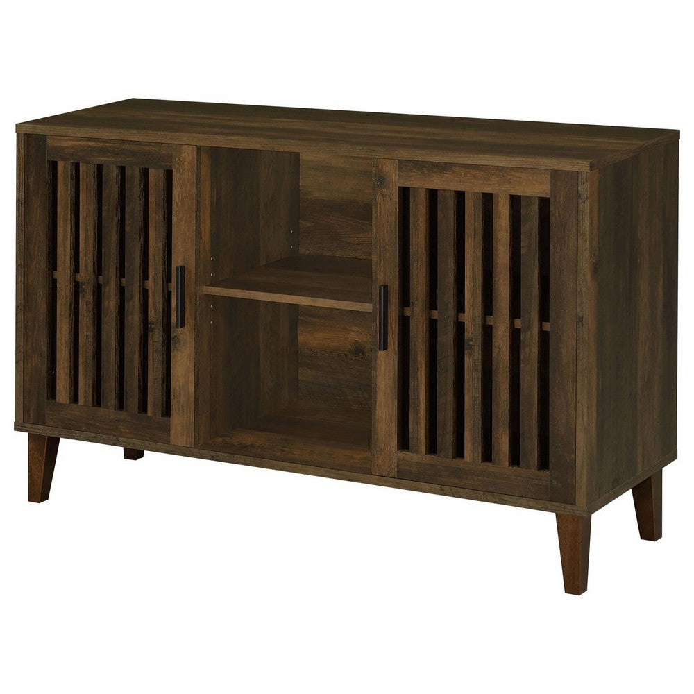 47 Inch Accent Cabinet, Slatted Design, 2 Shelves, Brown and Black Finish - BM309268