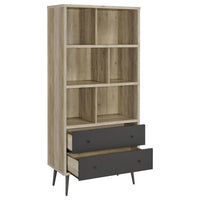 70 Inch Bookcase, 3 Shelves, Vertical Dividers, 2 Drawers, Brown, Gray - BM309269