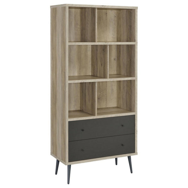 70 Inch Bookcase, 3 Shelves, Vertical Dividers, 2 Drawers, Brown, Gray - BM309269