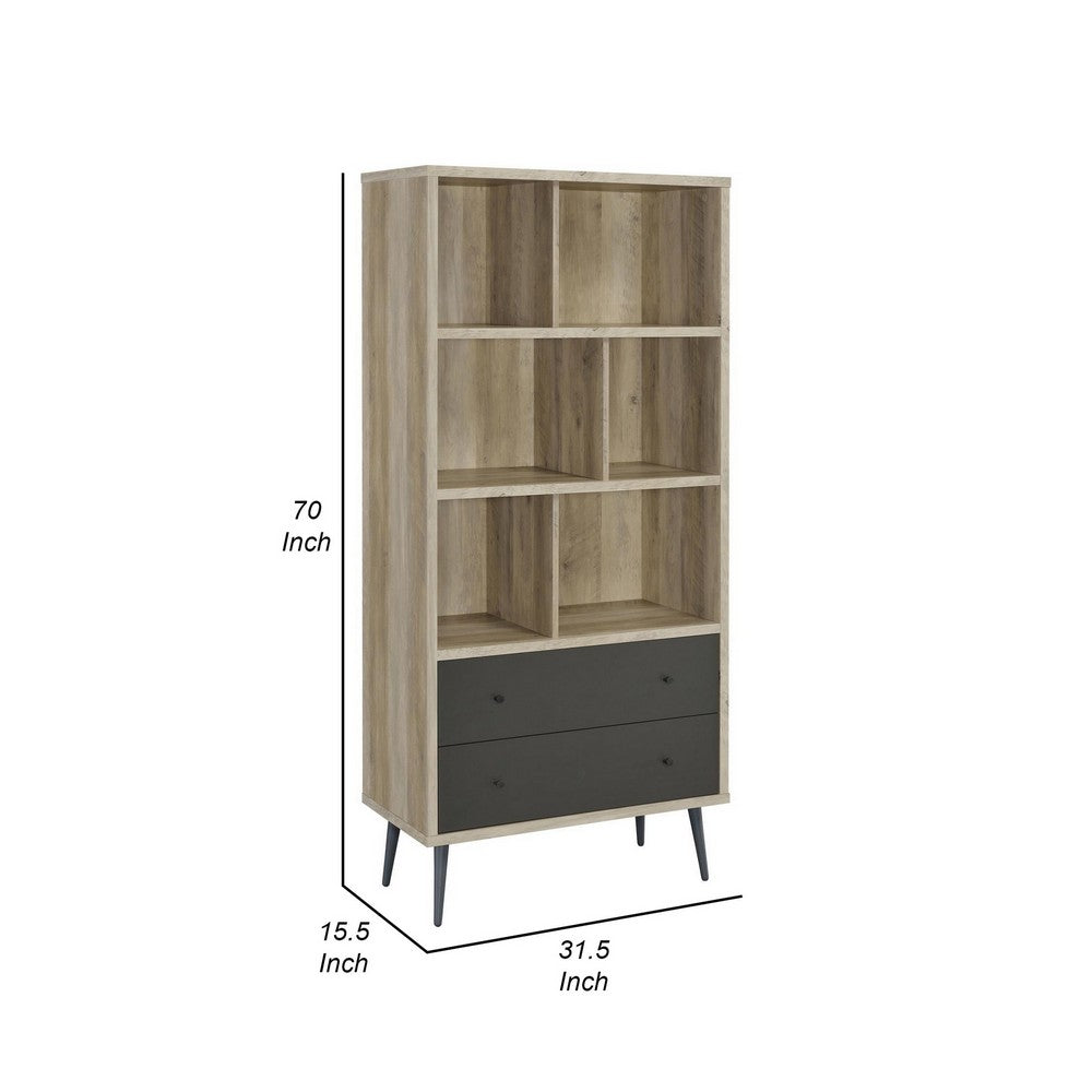 70 Inch Bookcase, 3 Shelves, Vertical Dividers, 2 Drawers, Brown, Gray - BM309269