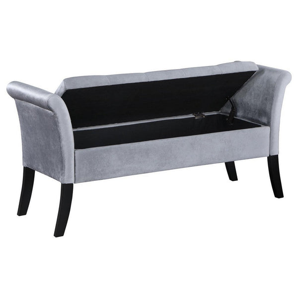 Ako 52 Inch Storage Bench, Button Tufting, Flared Arms, Gray Upholstery - BM309272