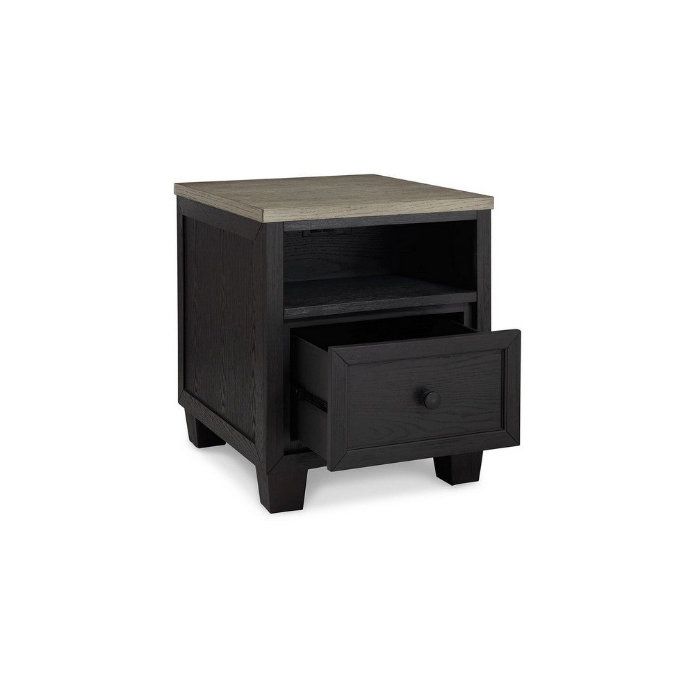 25 Inch End Table, Rectangular Tabletop, Open Shelf, 1 Drawer, Black, Brown - BM309298