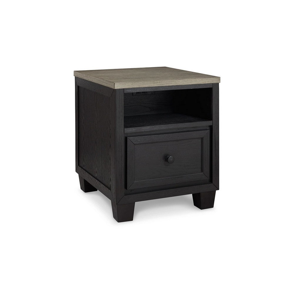 25 Inch End Table, Rectangular Tabletop, Open Shelf, 1 Drawer, Black, Brown - BM309298