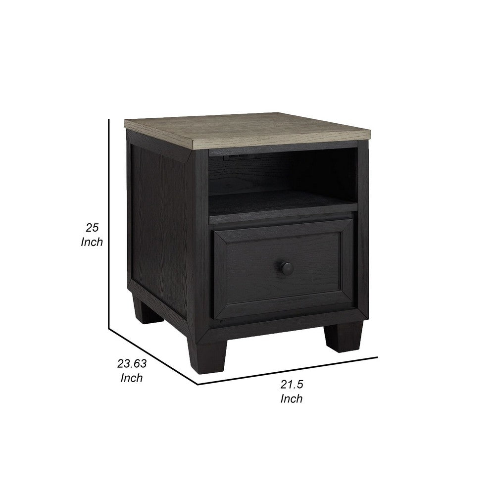 25 Inch End Table, Rectangular Tabletop, Open Shelf, 1 Drawer, Black, Brown - BM309298