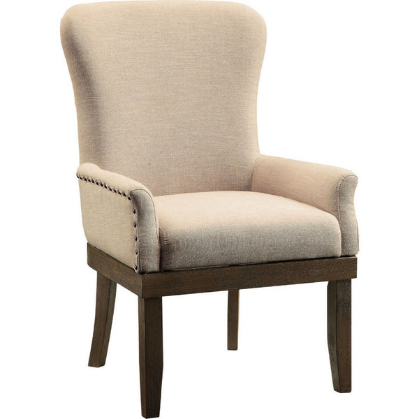 Ray 24 Inch Dining Armchair, Beige Linen, Curved Wingback Design, Nailhead - BM309377