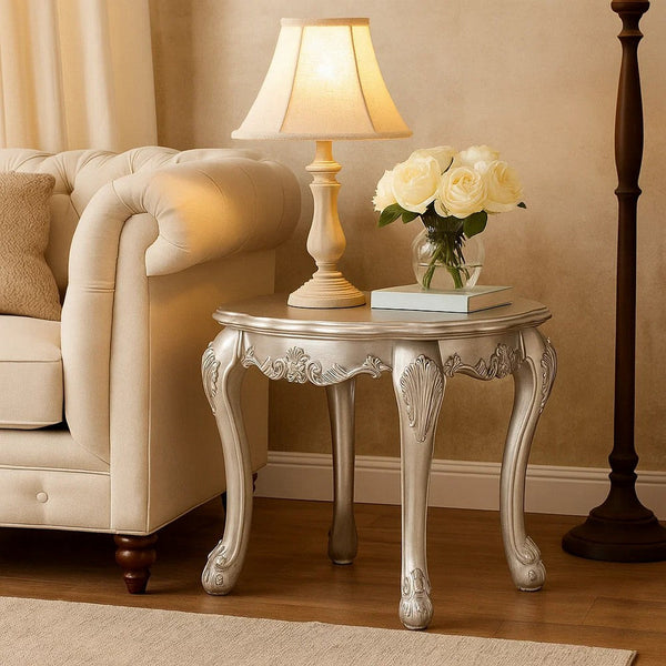 Ally 28 Inch Side End Table, Aspen Wood, Classic Scrollwork, Polyresin - BM309395