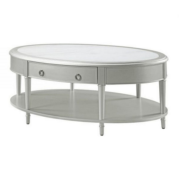 Kyna 50 Inch Coffee Table, Sintered Top, 1 Drawer, Classic Oval, Silver - BM309400