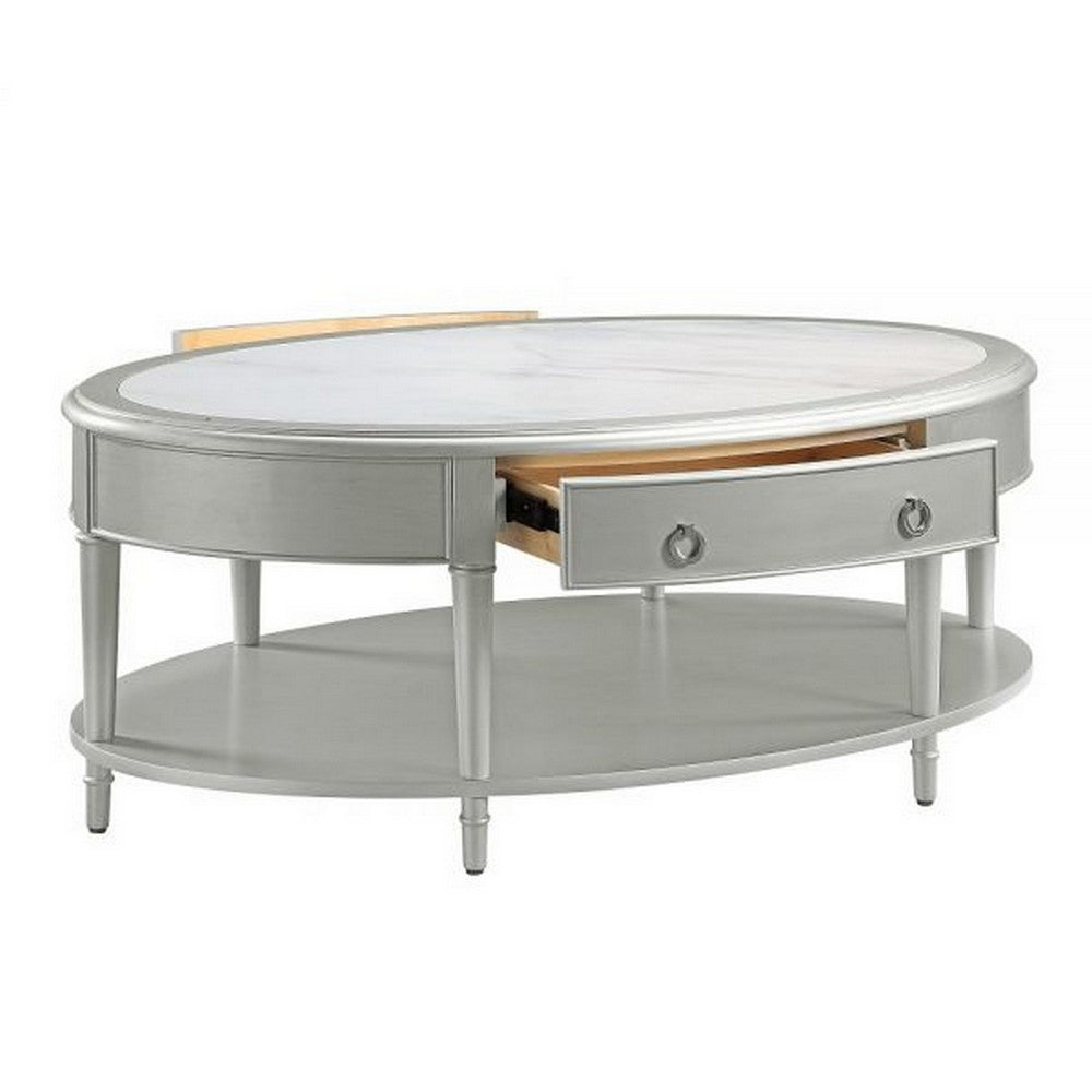 Kyna 50 Inch Coffee Table, Sintered Top, 1 Drawer, Classic Oval, Silver - BM309400