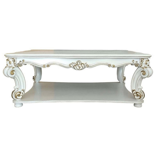 Jess 58 Inch Coffee Table, Traditional Scrolled Legs, White, Brushed Gold  - BM309420