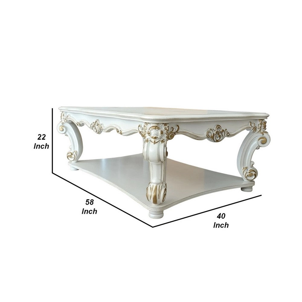 Jess 58 Inch Coffee Table, Traditional Scrolled Legs, White, Brushed Gold  - BM309420