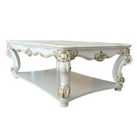 Jess 58 Inch Coffee Table, Traditional Scrolled Legs, White, Brushed Gold  - BM309420