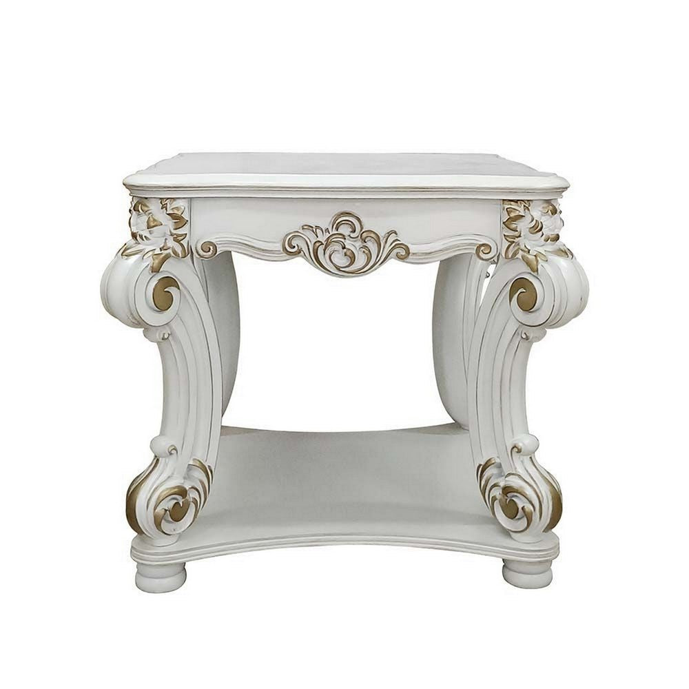 Jess 31 Inch Side End Table, Classic Scrolled Legs, White, Brushed Gold  - BM309421