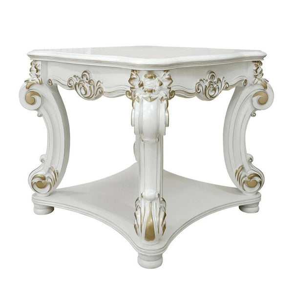 Jess 31 Inch Side End Table, Classic Scrolled Legs, White, Brushed Gold  - BM309421