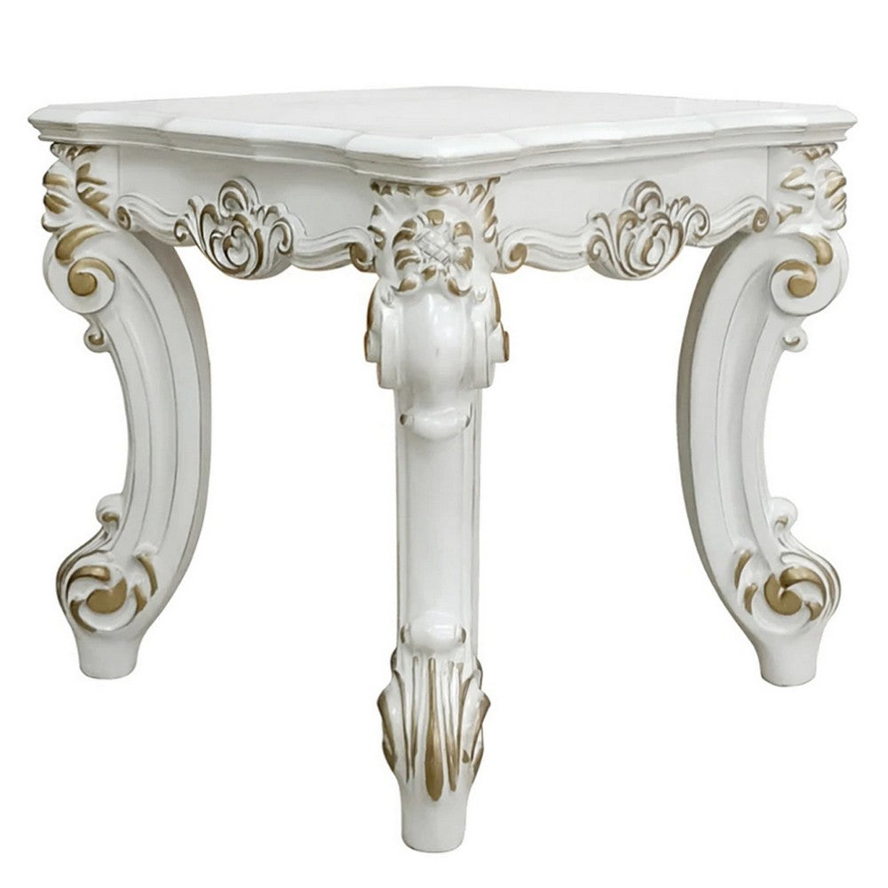 Jess 26 Inch Side End Table, Traditional Scrolled Legs, Brushed Gold, White - BM309423