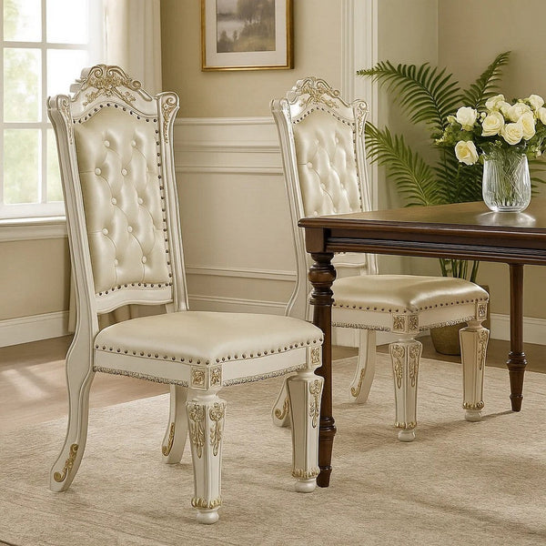 Jess 24 Inch Counter Chair Set of 2, Pearl Faux Leather, Button Tufted - BM309426