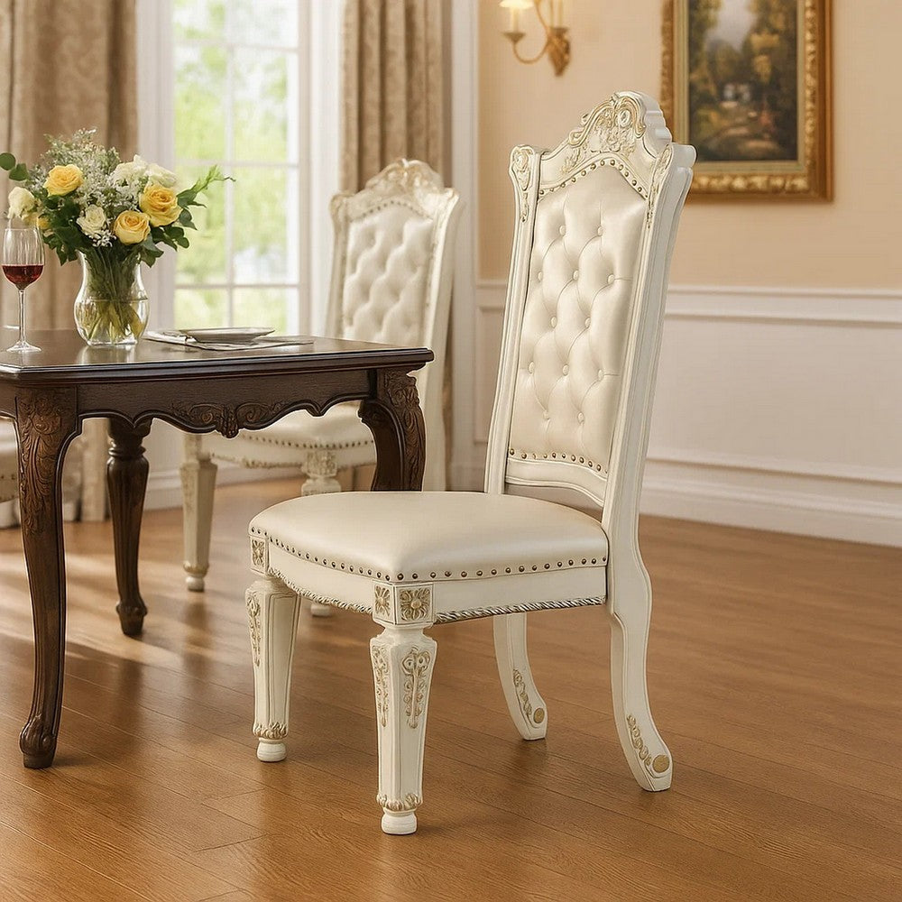 Jess 24 Inch Counter Chair Set of 2, Pearl Faux Leather, Button Tufted - BM309426