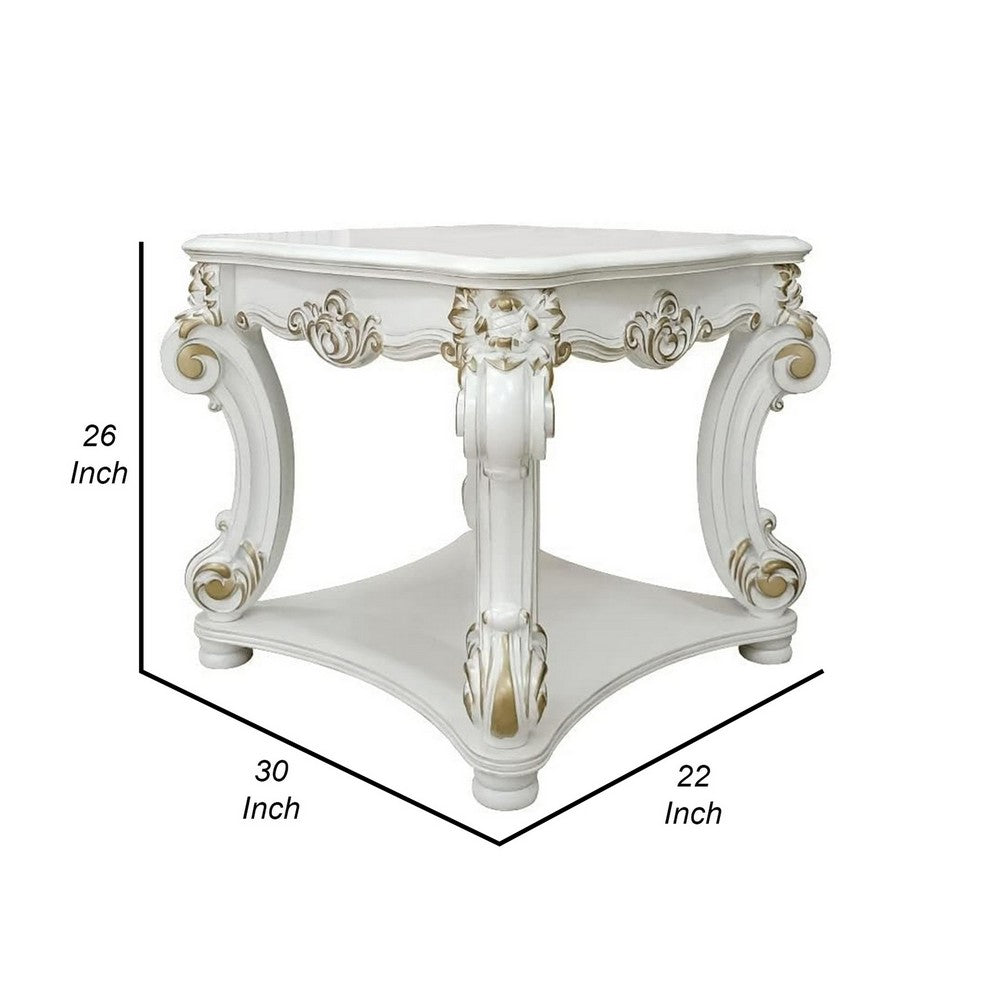 Jess 30 Inch Side End Table, Classic Scrolled Legs, 1 Shelf, Brushed Gold  - BM309429