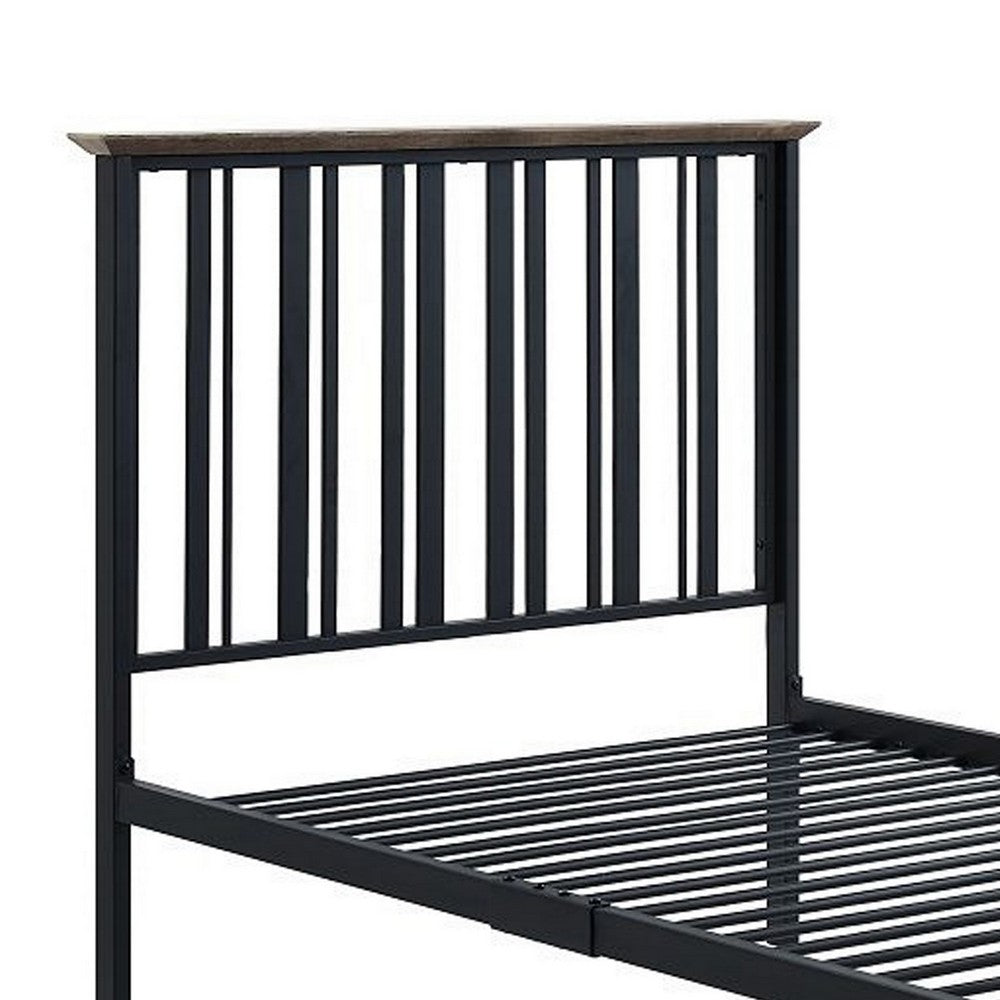 Nori Twin Bed with Slatted Metal Frame, MDF, Antique Oak Brown and Black - BM309434