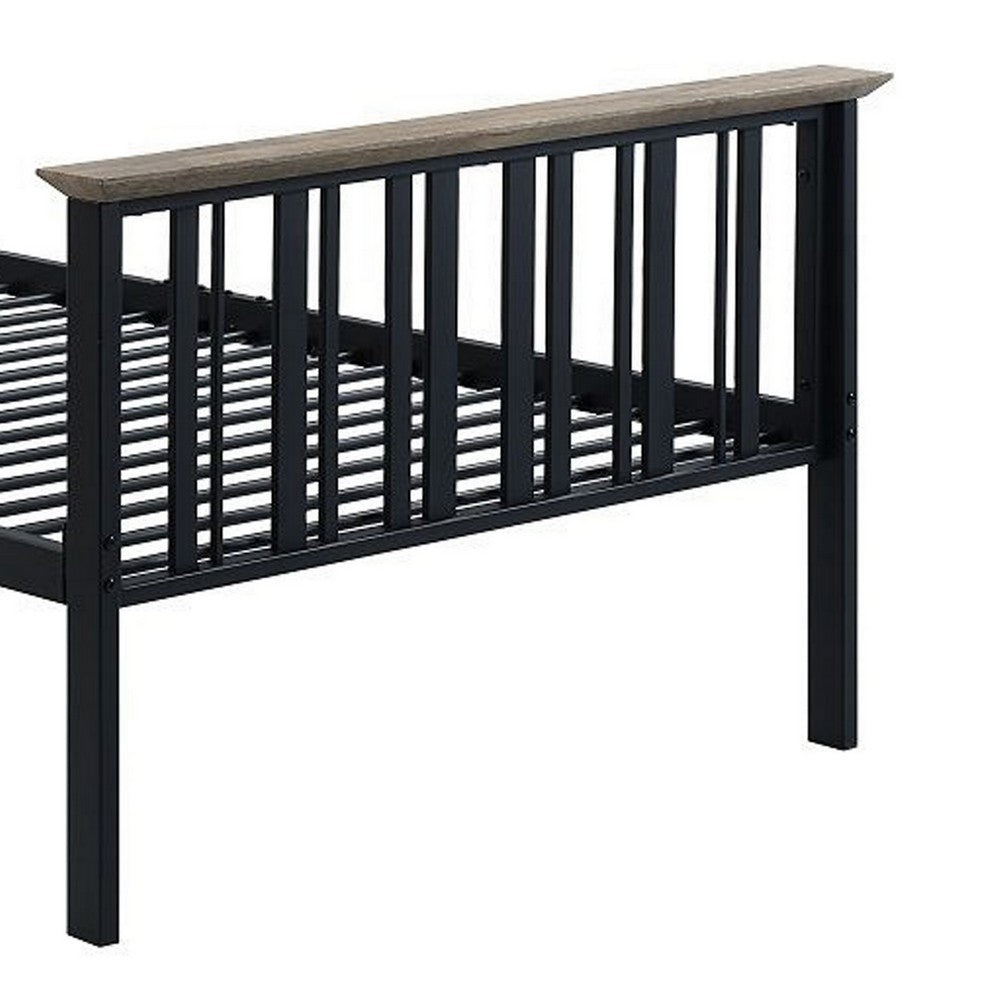Nori Twin Bed with Slatted Metal Frame, MDF, Antique Oak Brown and Black - BM309434