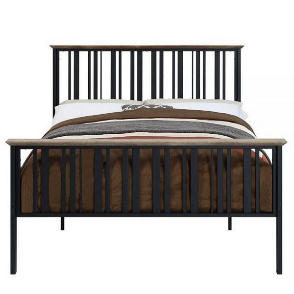 Nori Full Bed with Slatted Metal Frame, MDF Wood, Oak Brown and Black  - BM309435