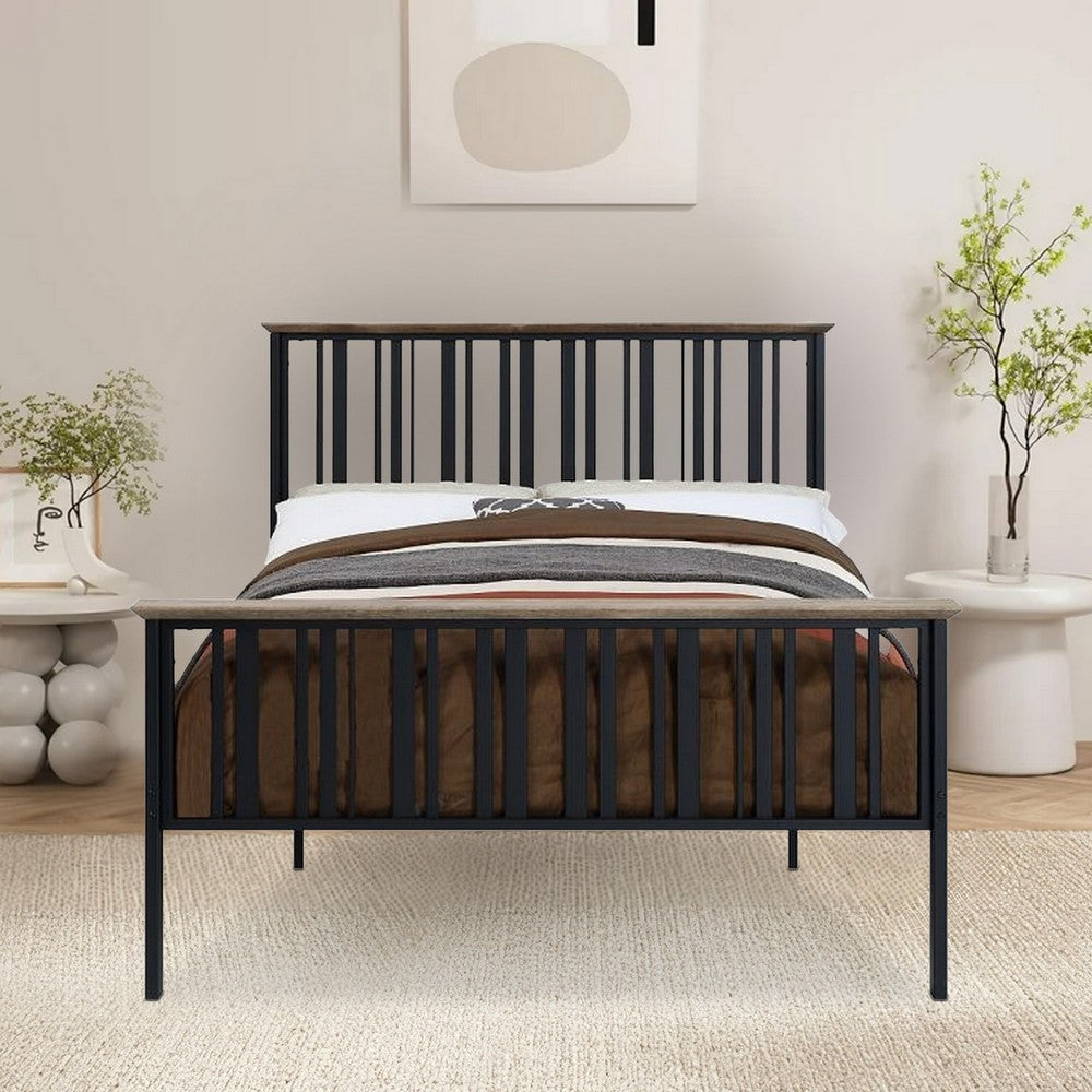 Nori Full Bed with Slatted Metal Frame, MDF Wood, Oak Brown and Black  - BM309435