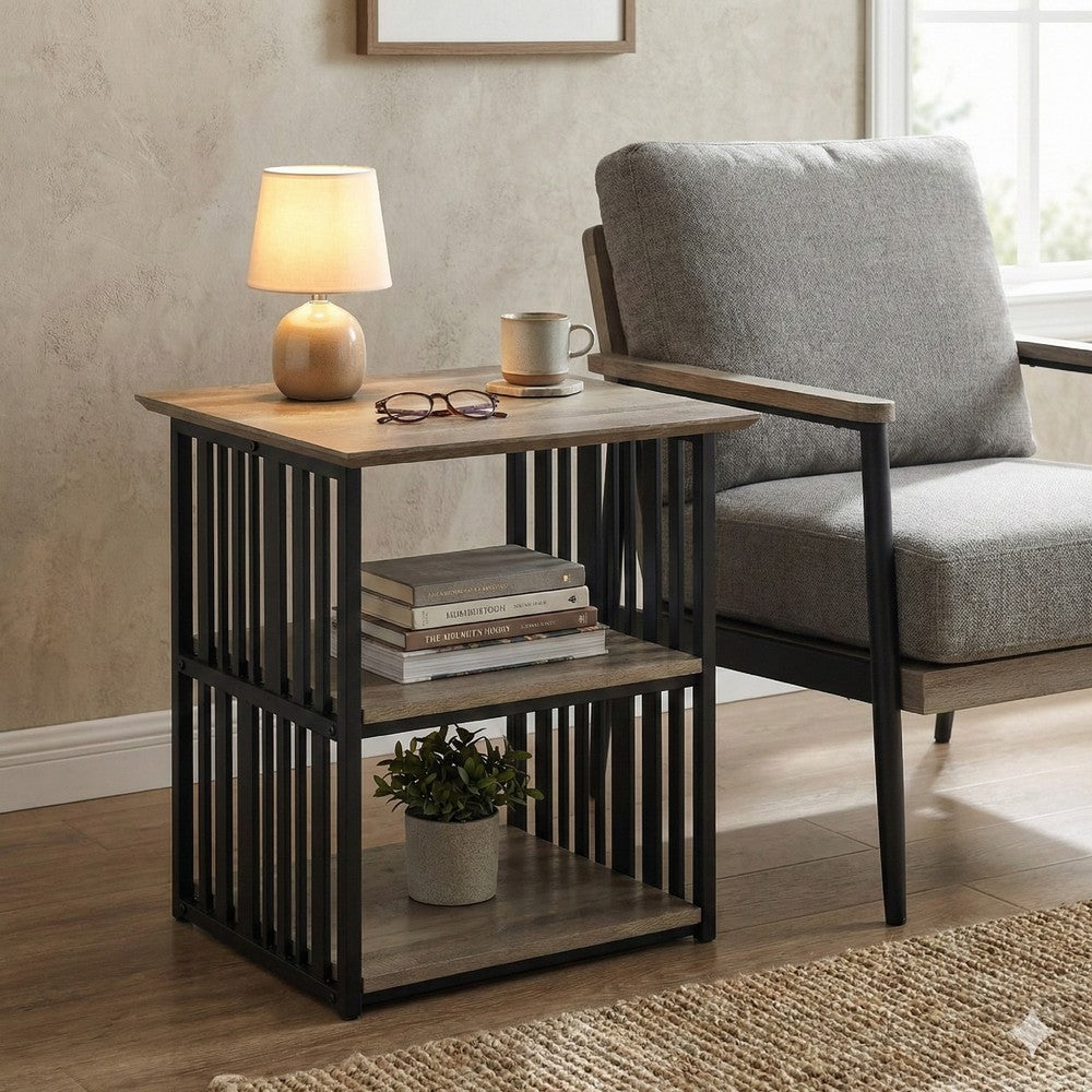 Nori 23 Inch Nightstand, 2 Shelves, Metal Base, MDF, Antique Oak and Black - BM309436