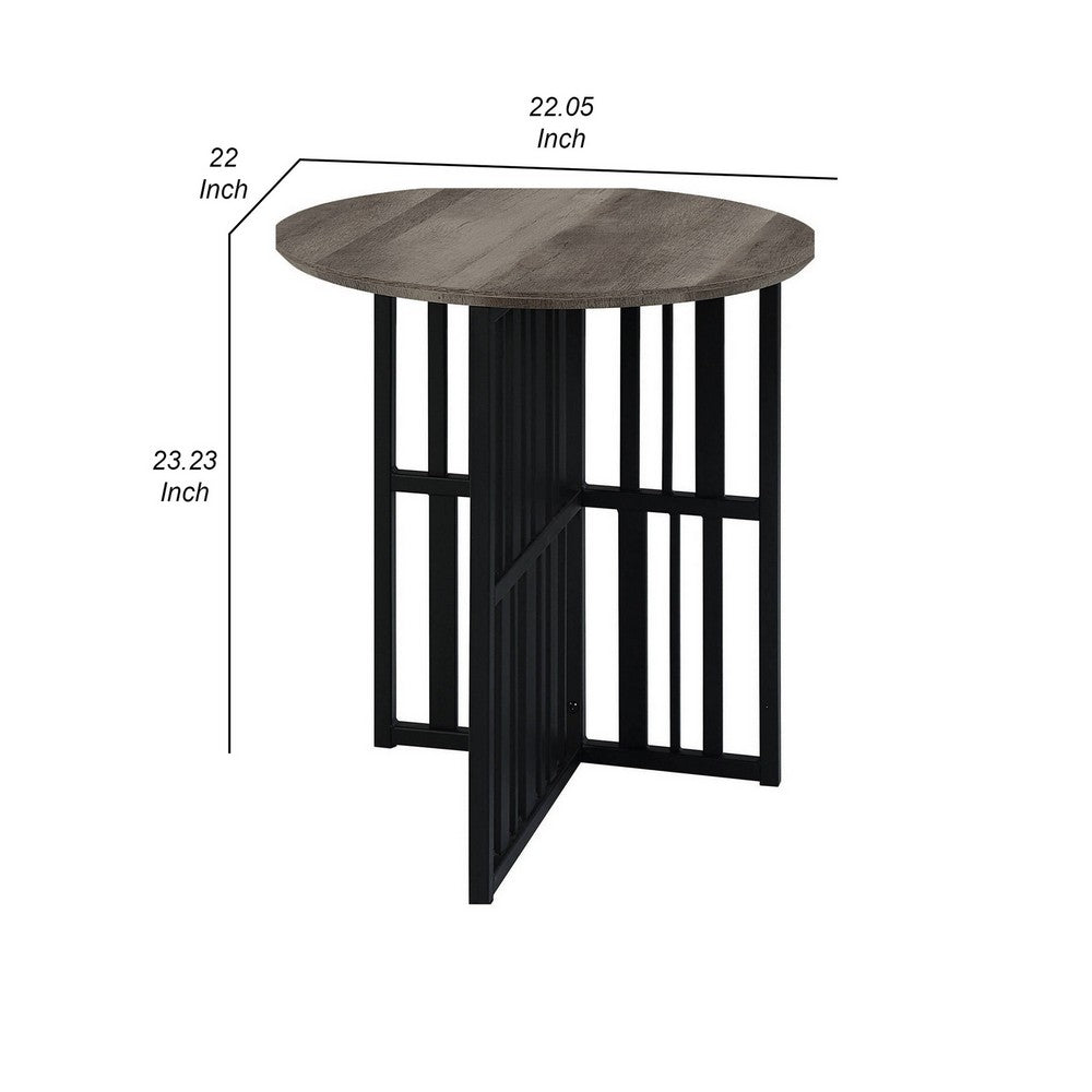 Nori 23 Inch End Table, Round Top, Metal Base, MDF, Antique Oak and Black - BM309437