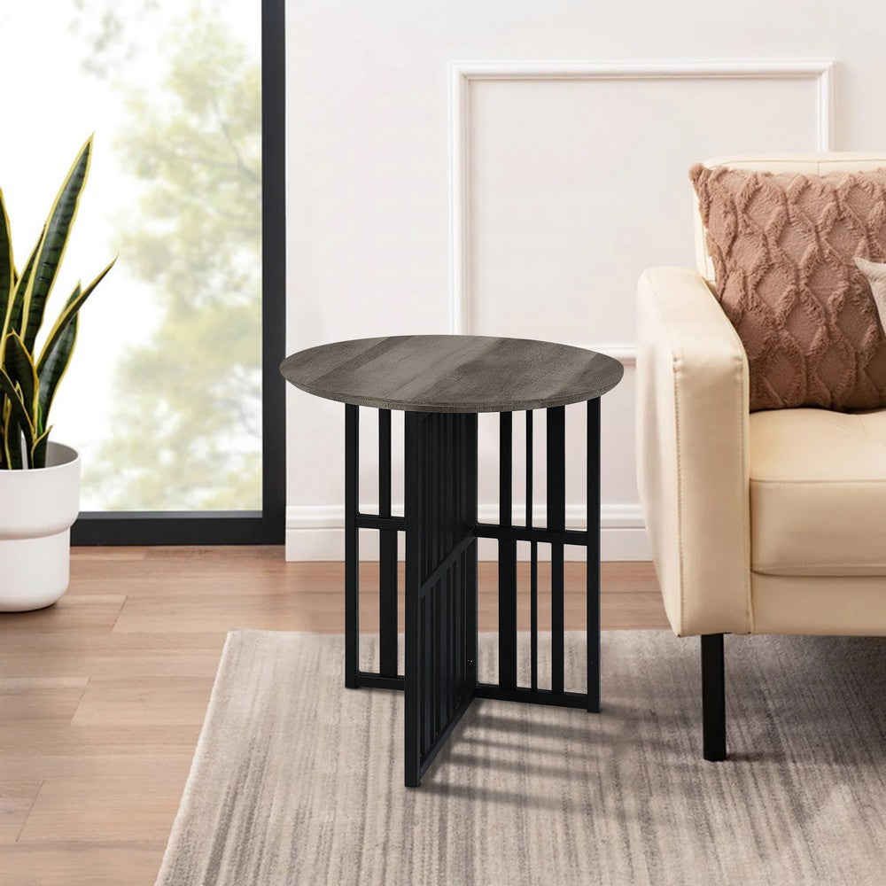 Nori 23 Inch End Table, Round Top, Metal Base, MDF, Antique Oak and Black - BM309437