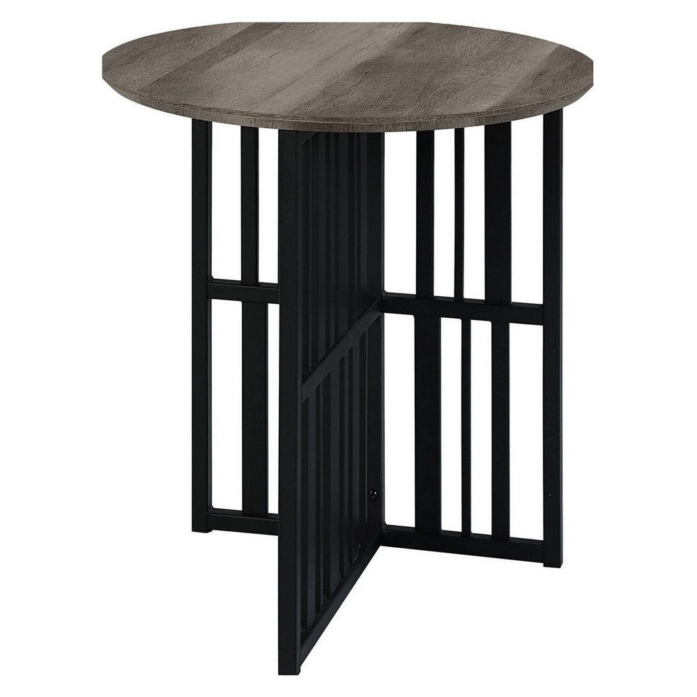 Nori 23 Inch End Table, Round Top, Metal Base, MDF, Antique Oak and Black - BM309437