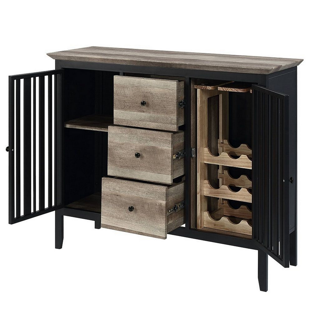 Nori 47 Inch Sideboard Buffet, 3 Drawers, Antique Oak Brown and Black  - BM309442