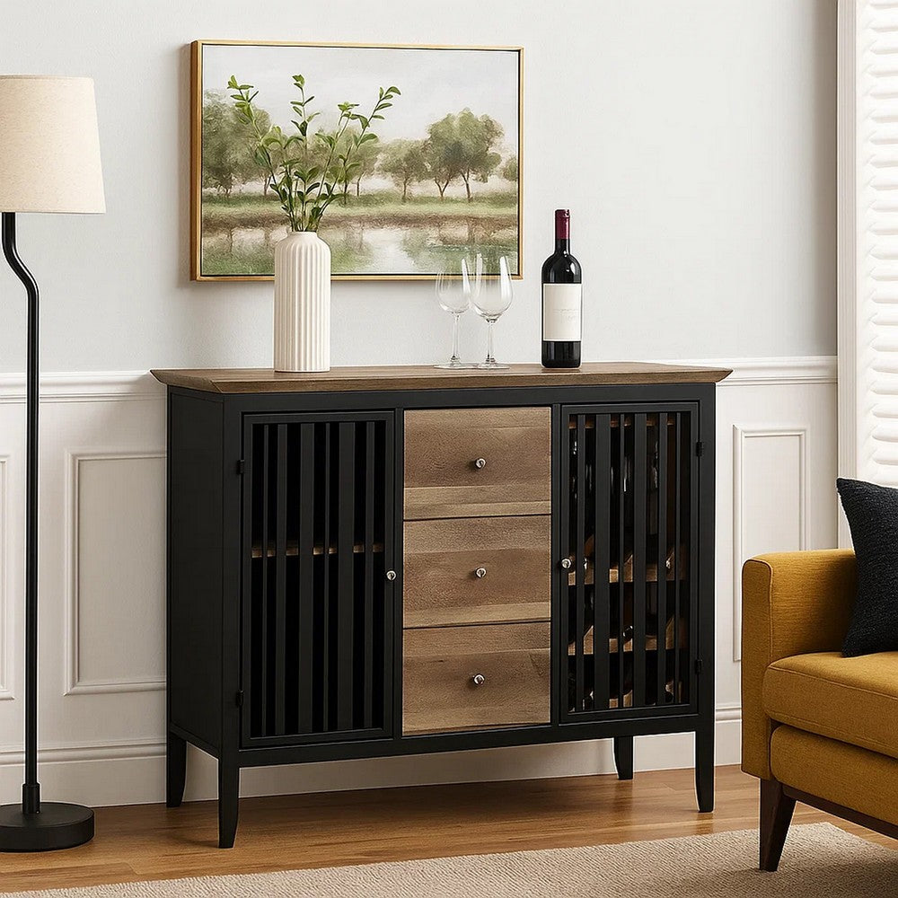 Nori 47 Inch Sideboard Buffet, 3 Drawers, Antique Oak Brown and Black  - BM309442