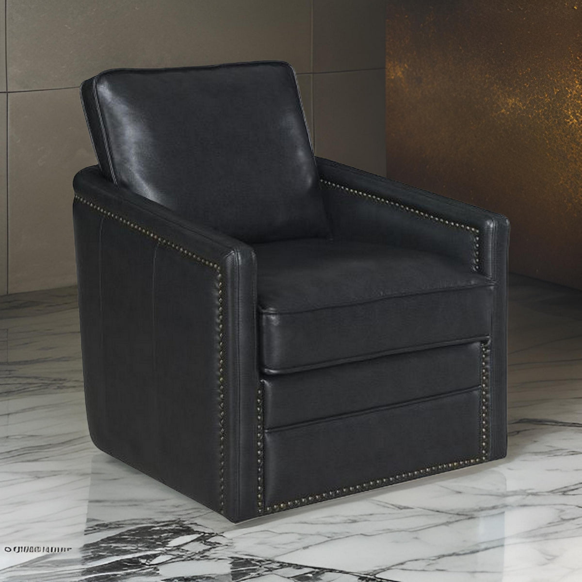 Roco 34 Inch Accent Chair with Swivel, Faux Leather Upholstery, Black  - BM309455