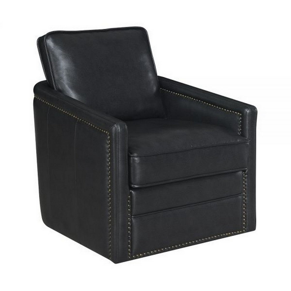 Roco 34 Inch Accent Chair with Swivel, Faux Leather Upholstery, Black  - BM309455