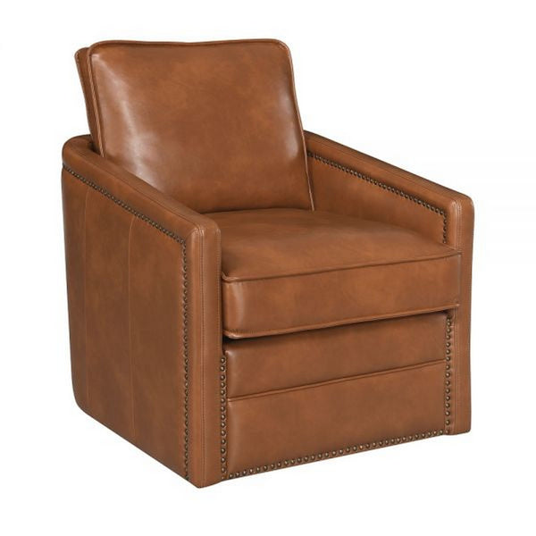 Roco 34 Inch Accent Chair with Swivel, Faux Leather Upholstery, Brown  - BM309456