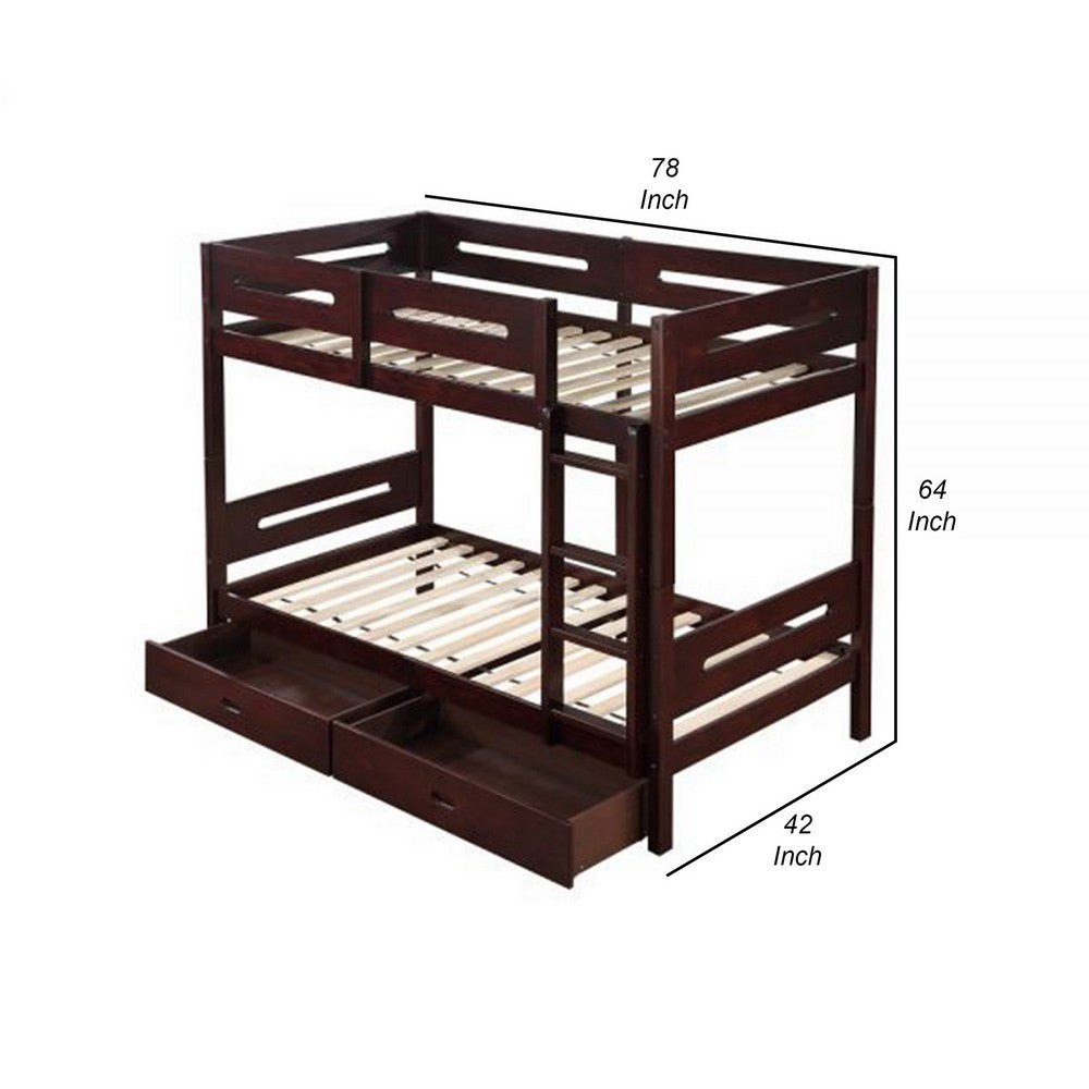 Asin Twin Bunk Bed, Front Facing Ladder, Storage, Solid Pine Wood, Brown - BM309457