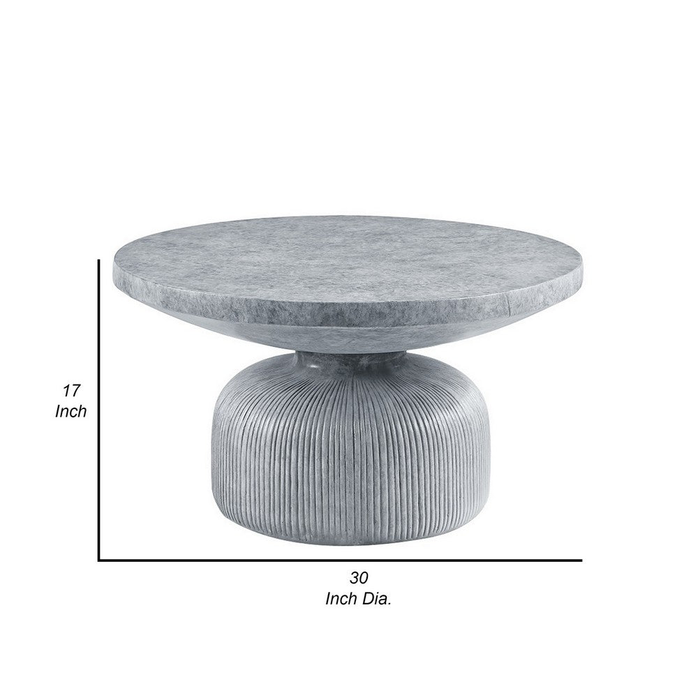 Lylie 30 Inch Coffee Table, Round Naturalistic Design, Gray Durable Cement - BM309460