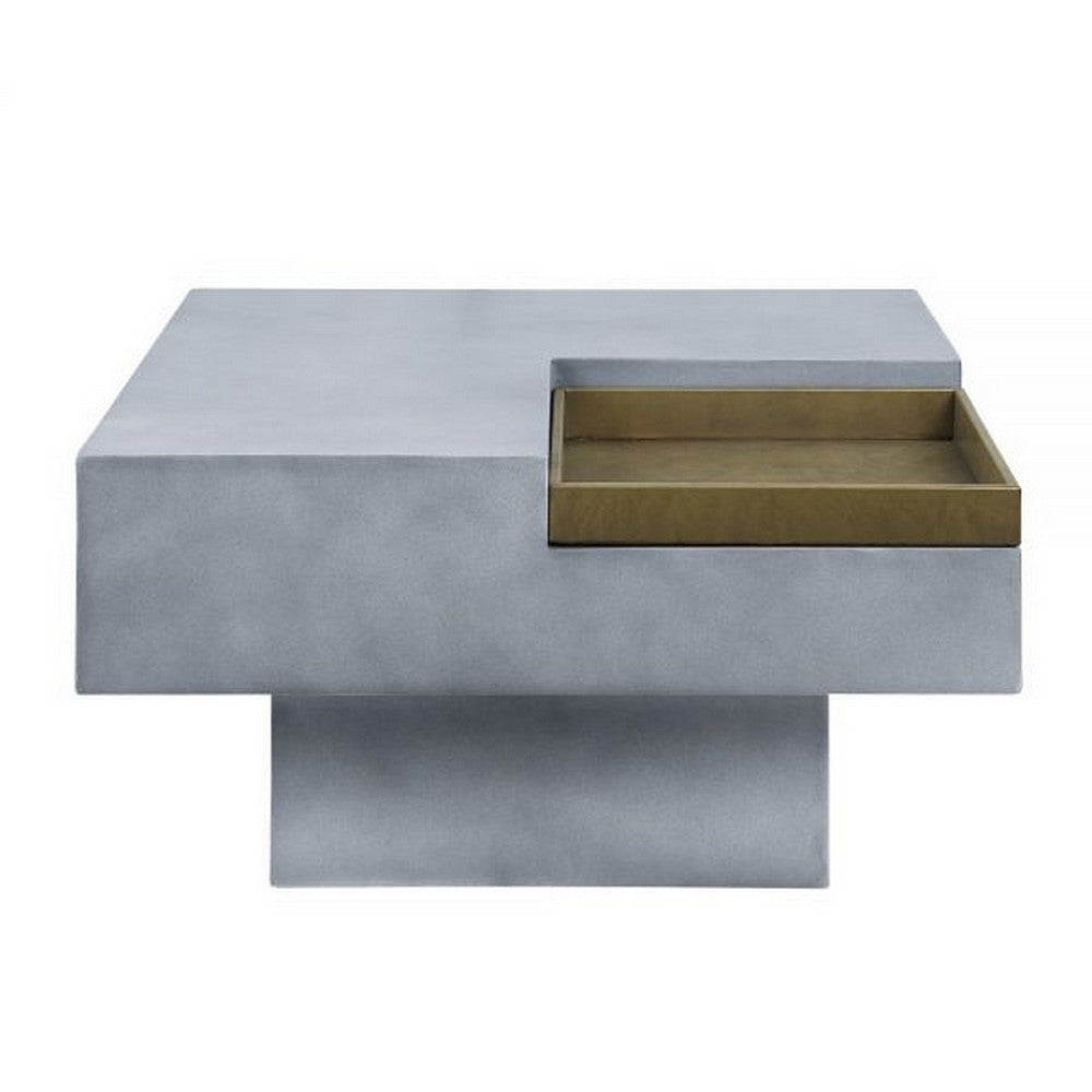 32 Inch Coffee Table with Removable Tray, Cement Construction, Smooth Gray - BM309462