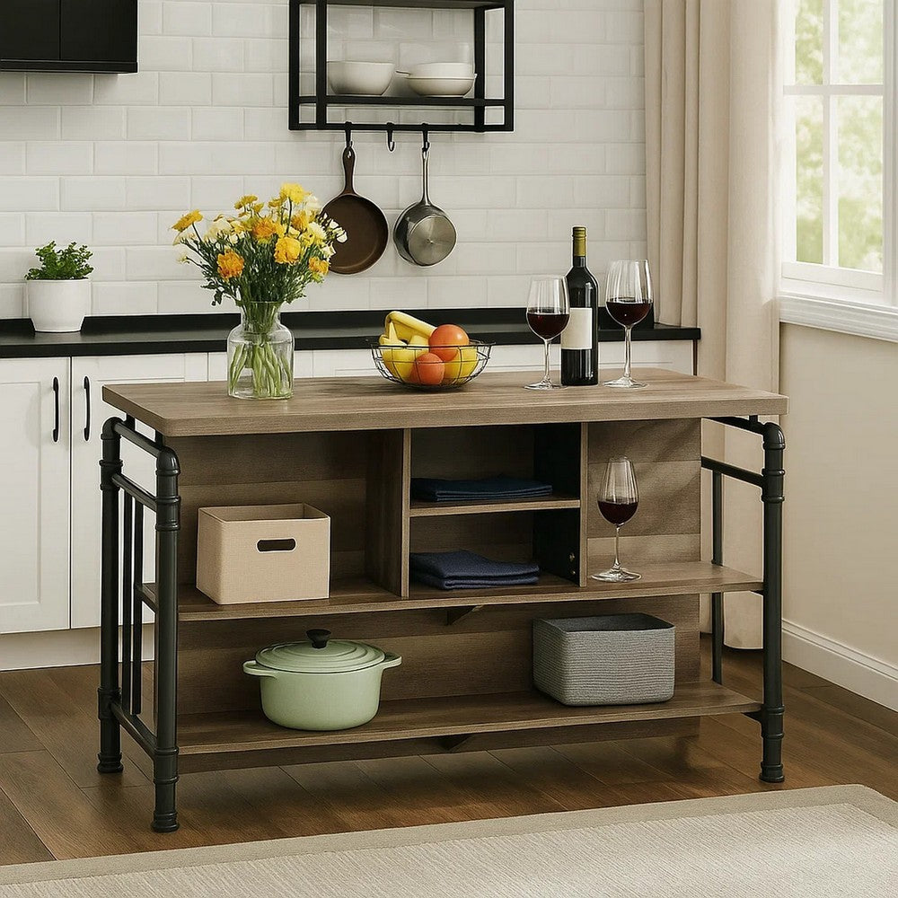 59 Inch Kitchen Island with 2 Shelves, Industrial Antique Oak Brown, Gray - BM309463