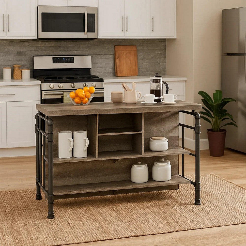 59 Inch Kitchen Island with 2 Shelves, Industrial Antique Oak Brown, Gray - BM309463