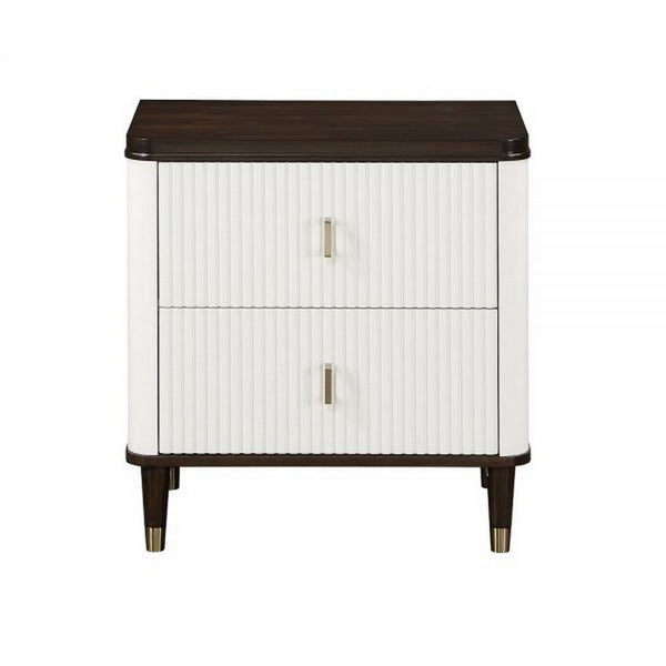 Aren 27 Inch Nightstand, 2 Drawers, USB Charger, Solid Wood, White, Brown - BM309465